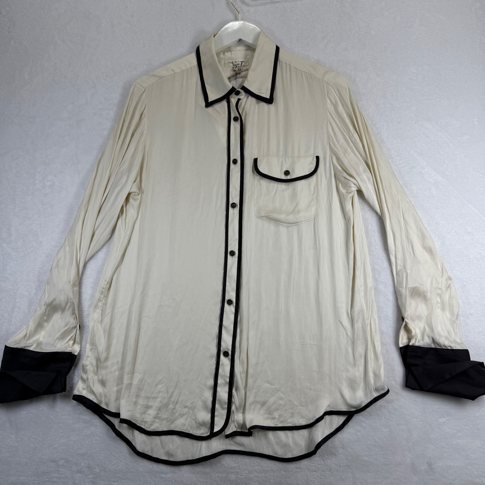Rag & Bone French Cuff Shirt Natural Black Contrast Trim Button Up Size 6